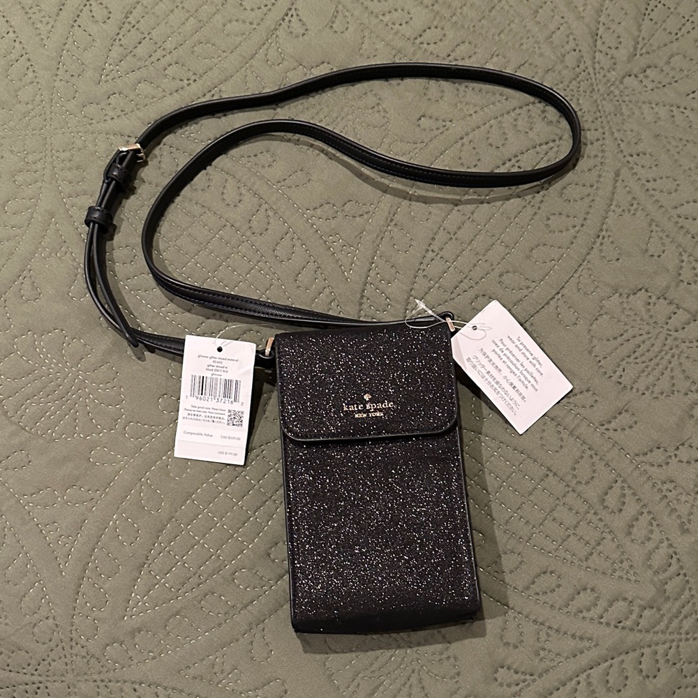 NWTs Kate Spade Lola Glitter North South Flap Phone Crossbody Bag Black